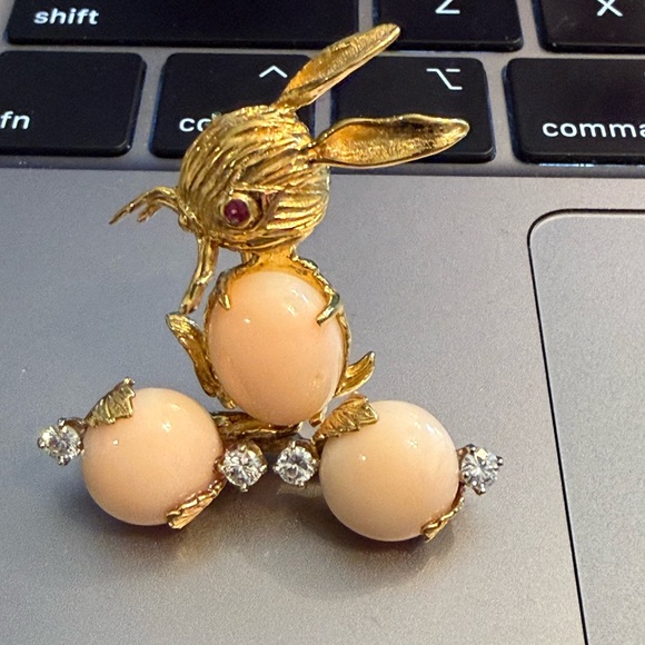 14 k Gold and angel skin Coral Rabbit Brooch with diamond Accents and Ruby eye